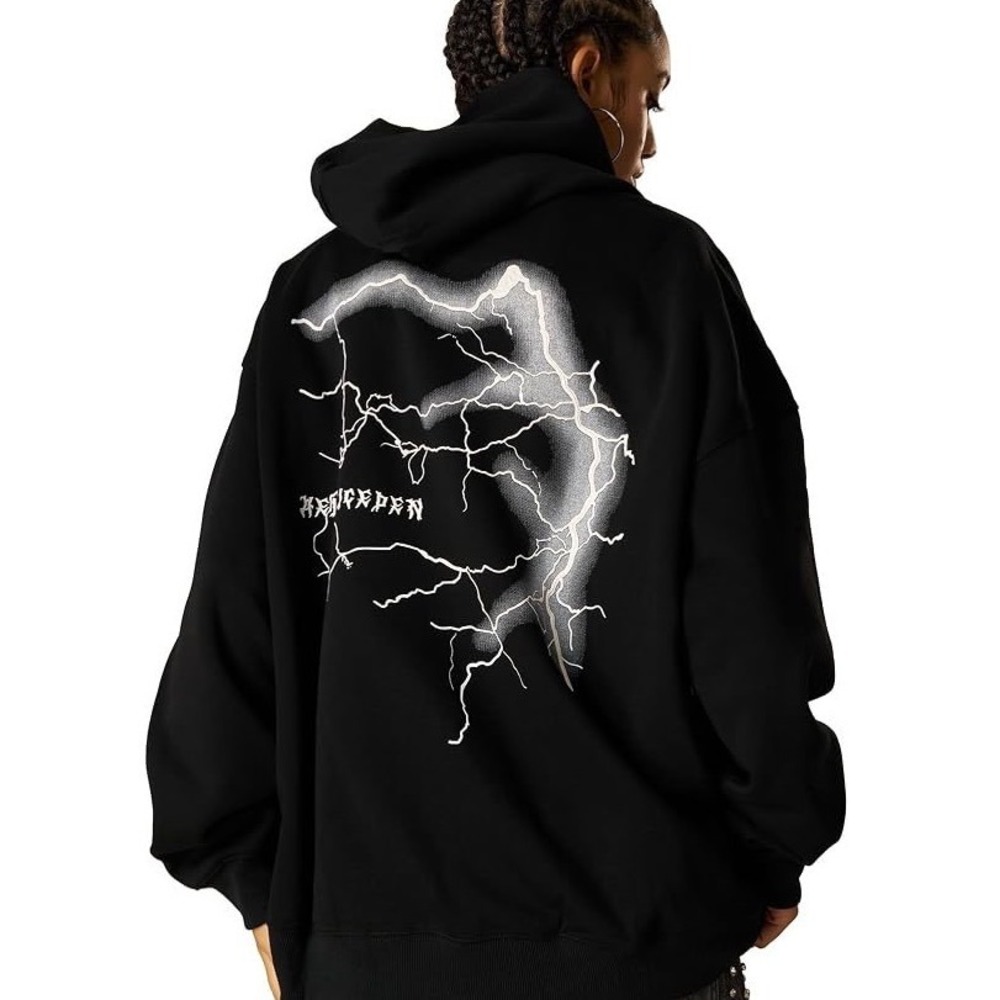 Aelfric Eden Lightning Print Hoodie Women Small Black Oversized Streetwear Goth